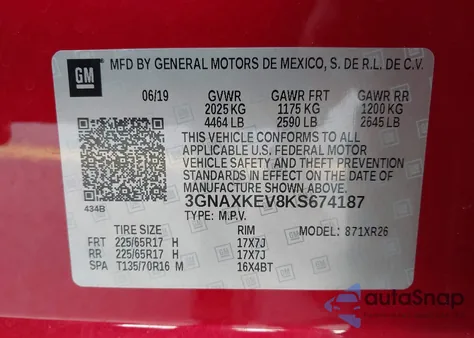 2019 Chevrolet Equinox Lt z USA, uszkodzony, nr VIN 3GNAXKEV8KS674187
